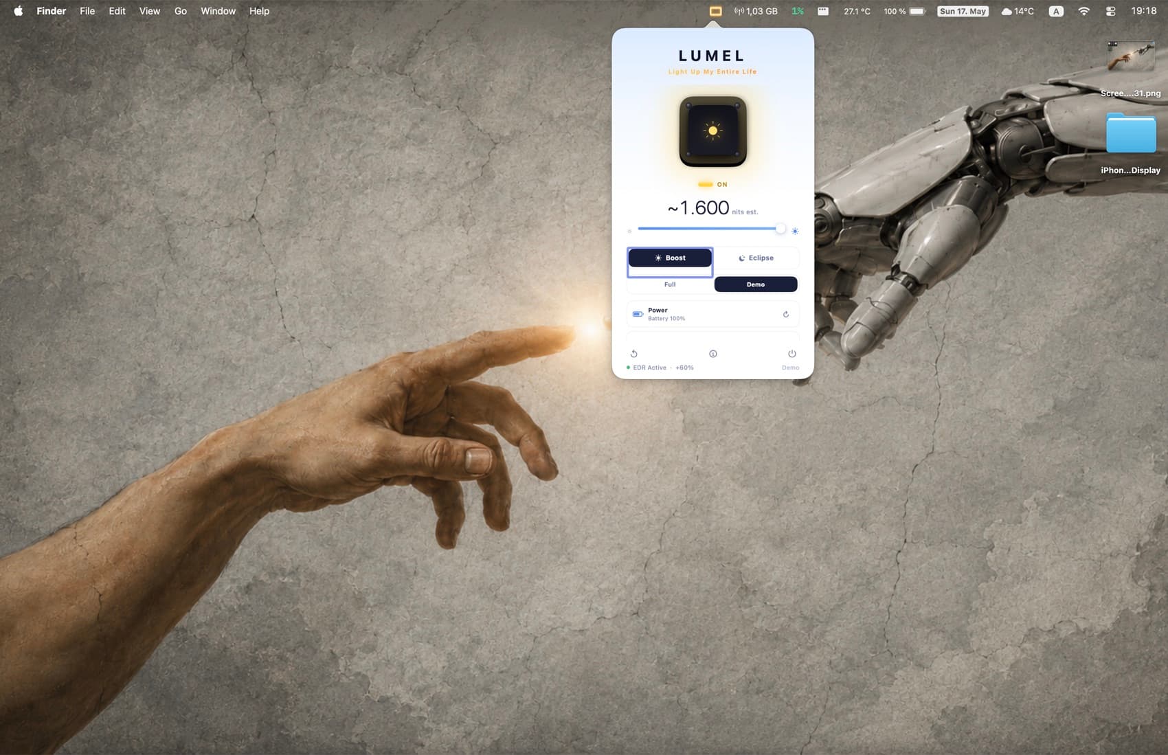 The LUMEL popover open in the macOS menu bar, boost active at roughly 1600 nits.
